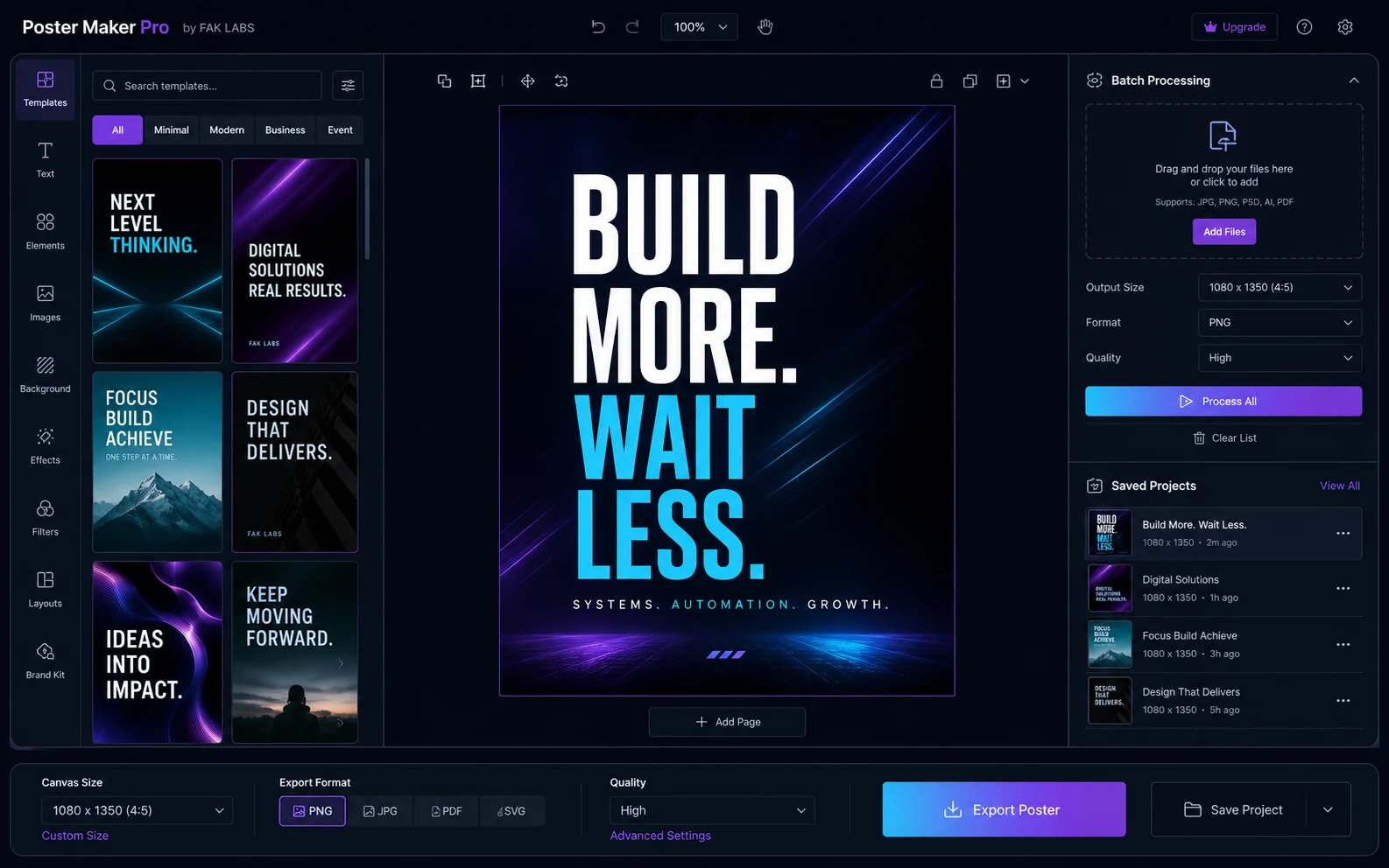 Poster Maker Pro premium editor with batch processing, saved projects and export controls